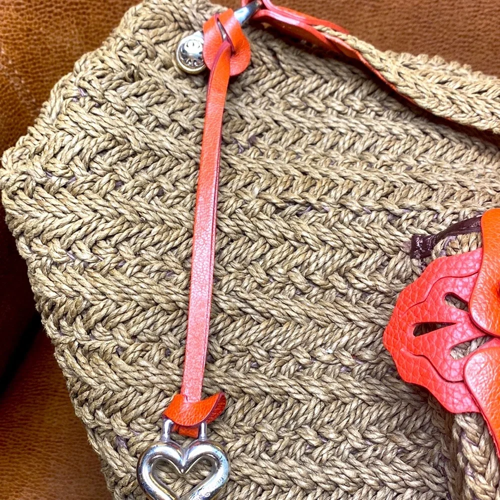 BRIGHTON JUTE AND ROSE CORAL LEATHER LARGE BAG
